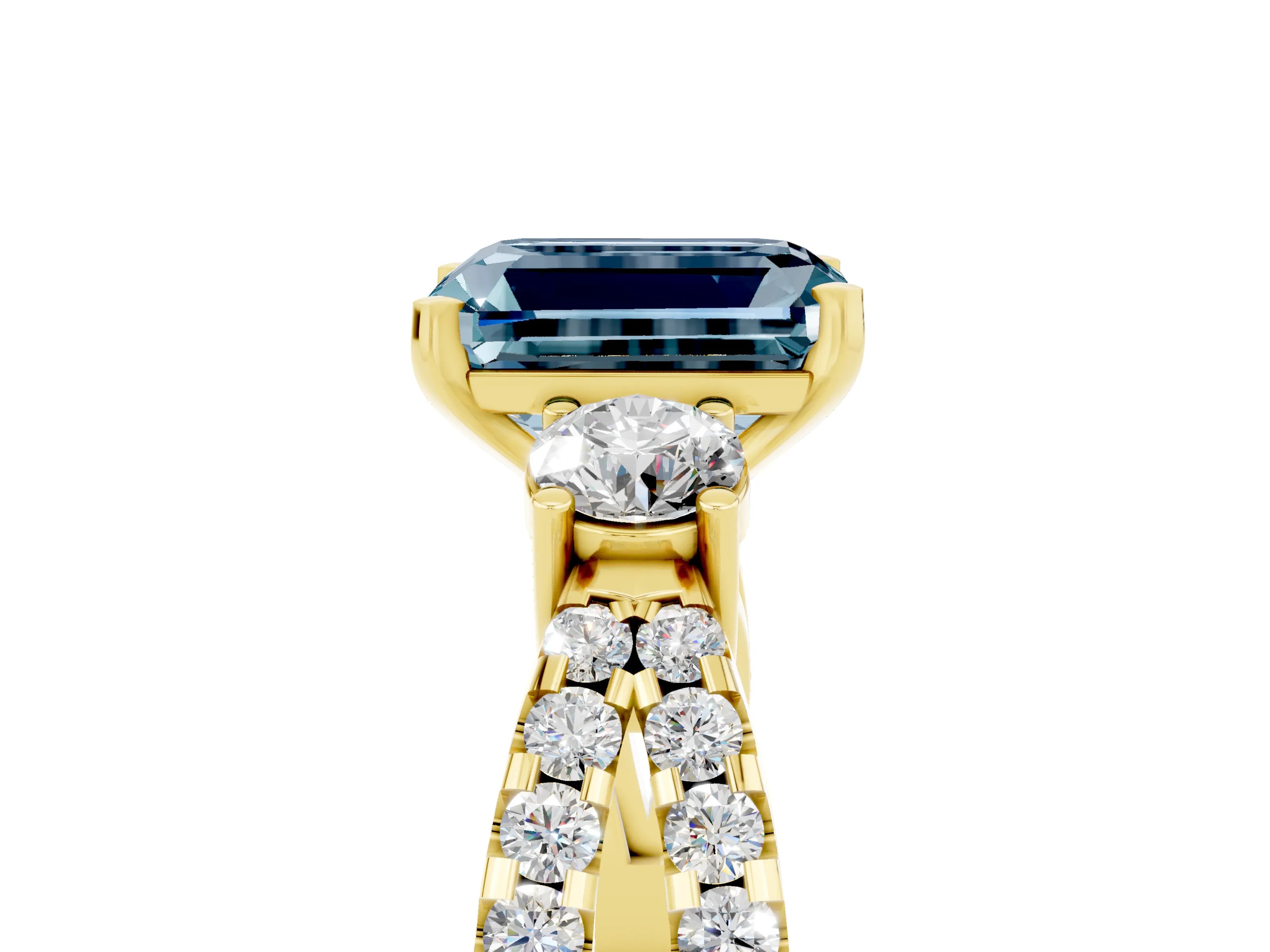 Yellow gold Emerald Cut Aquamarine Three-Stone Ring with Pavé Split Shank and Four-Prong Setting_5