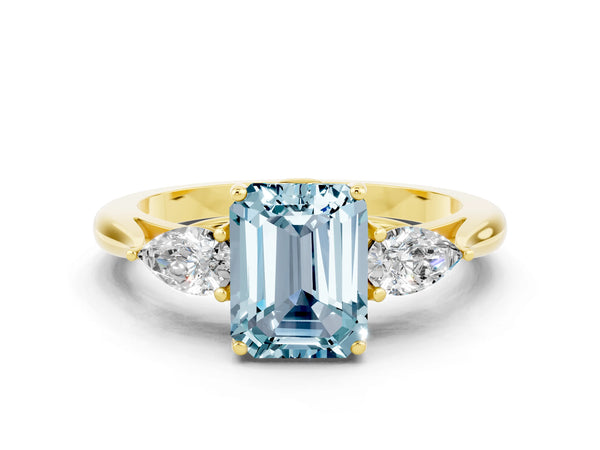 Yellow gold Emerald Cut Aquamarine Three-Stone Ring with Pear  Side Stones and Prong Setting