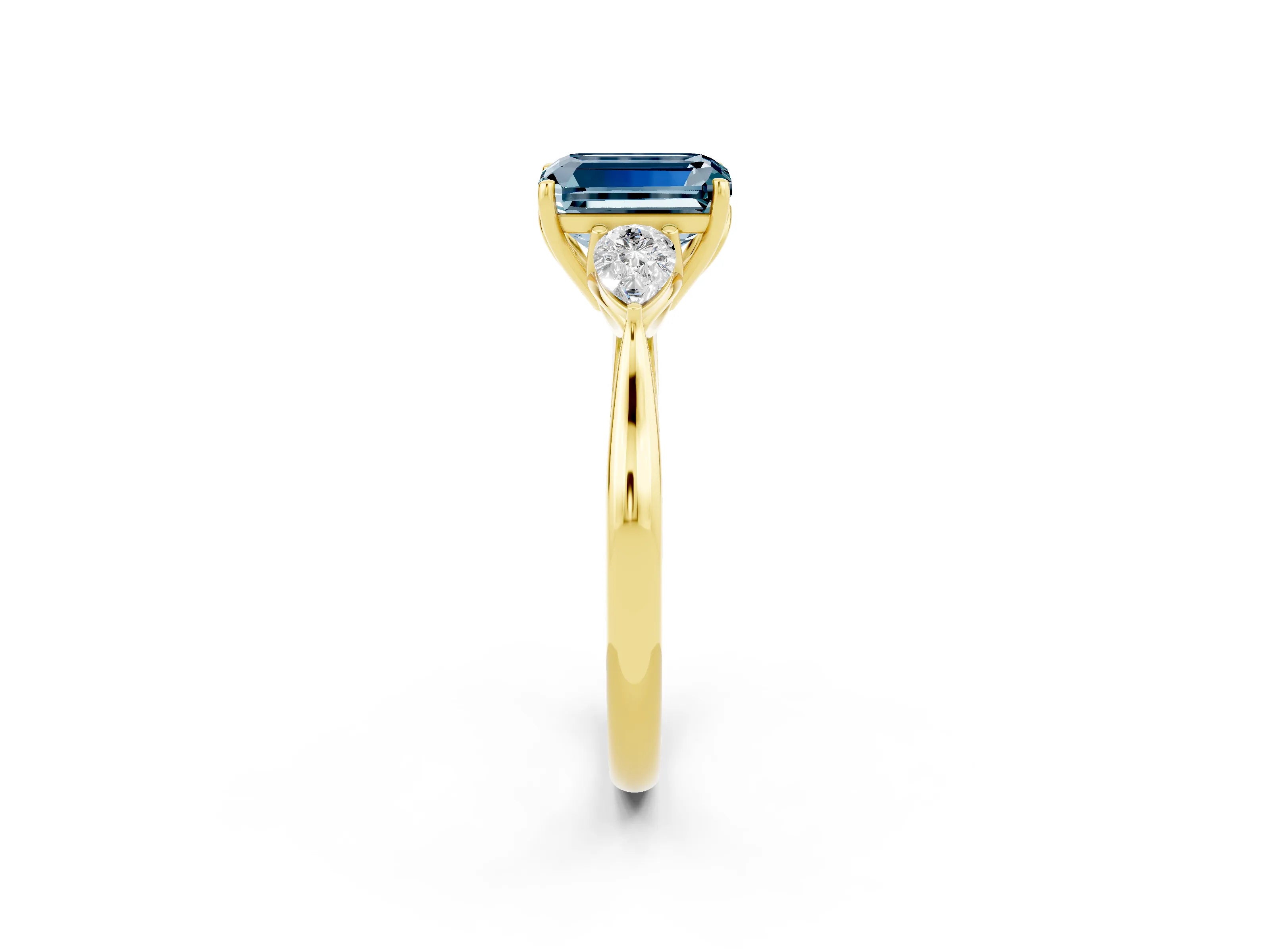 Yellow gold Emerald Cut Aquamarine Three-Stone Ring with Pear Side Stones and Four-Prong Setting_14