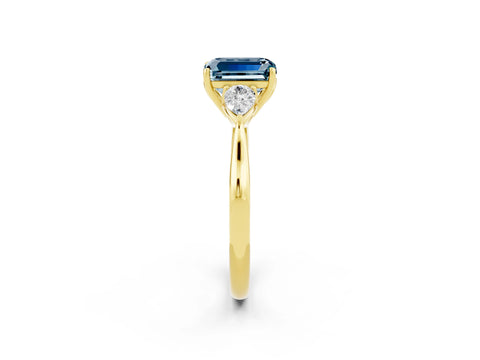 Yellow gold Emerald Cut Aquamarine Three-Stone Ring with Pear Side Stones and Four-Prong Setting_14