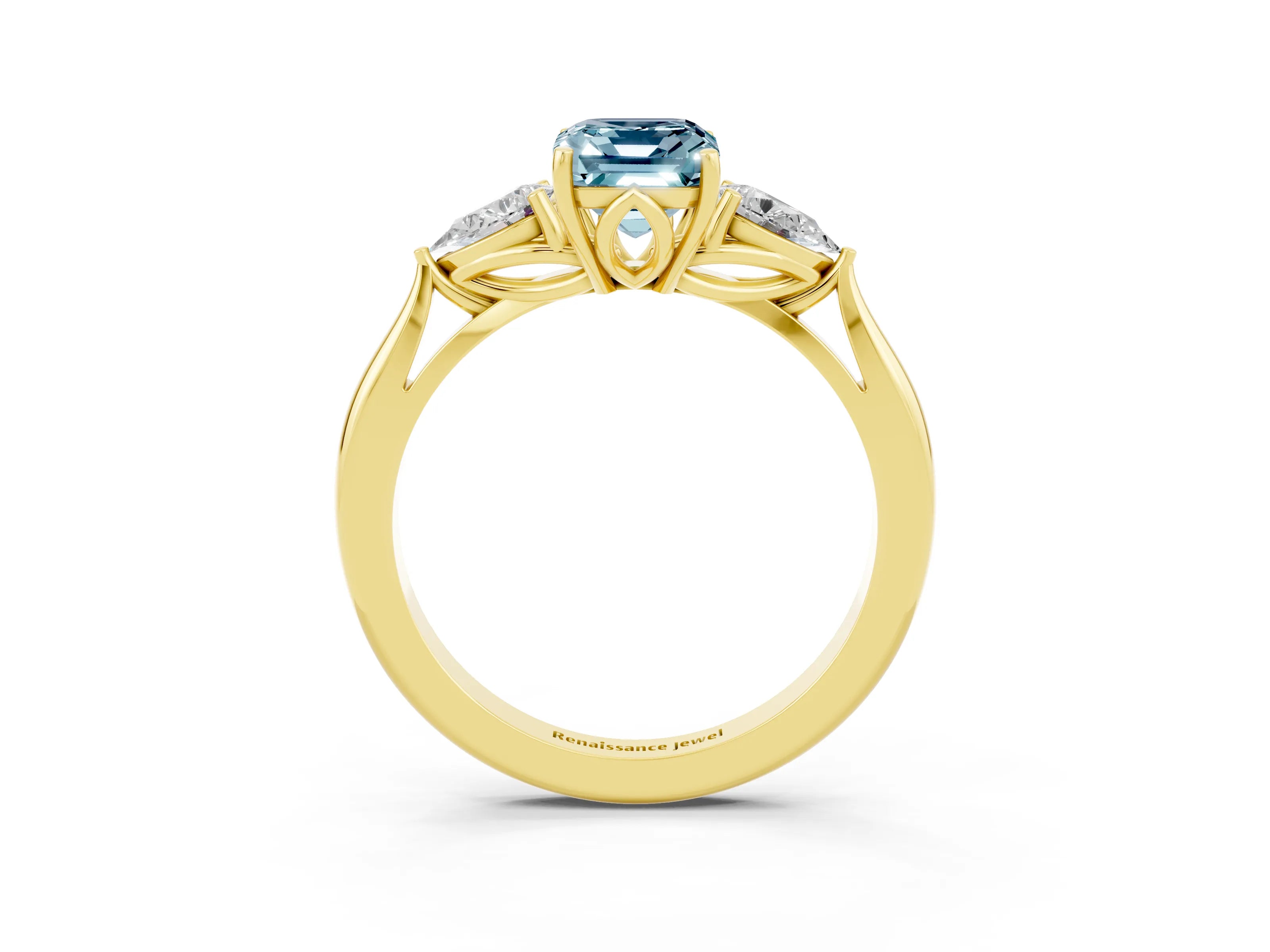 Yellow gold Emerald Cut Aquamarine Three-Stone Ring with Pear Side Stones and Four-Prong Setting_15
