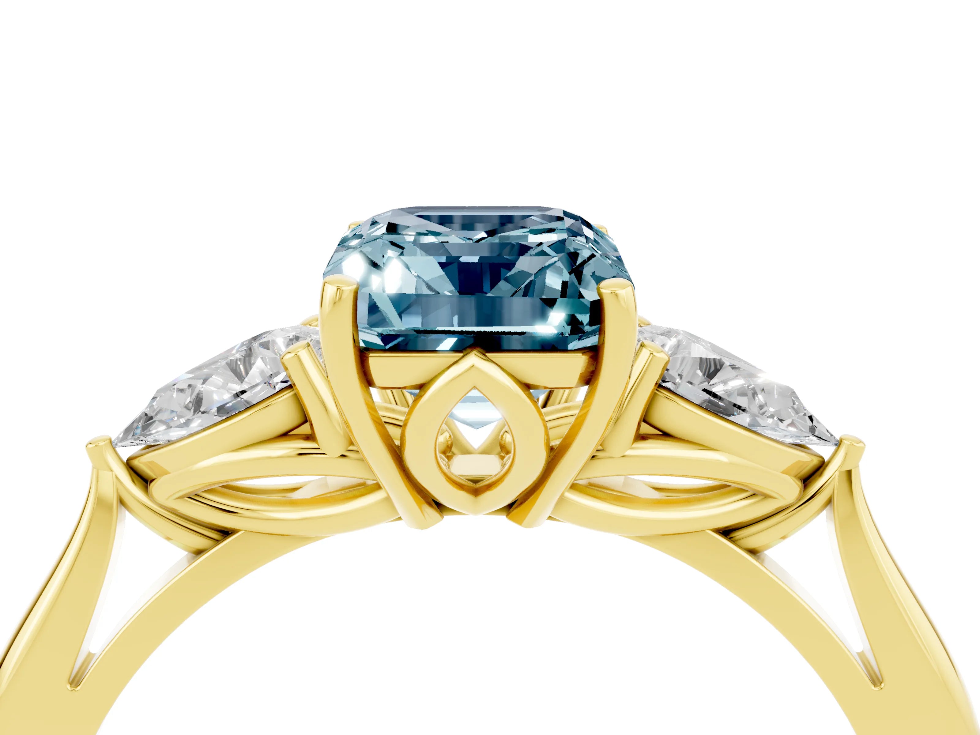 Yellow gold Emerald Cut Aquamarine Three-Stone Ring with Pear Side Stones and Four-Prong Setting_16