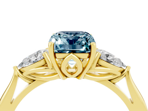 Yellow gold Emerald Cut Aquamarine Three-Stone Ring with Pear Side Stones and Four-Prong Setting_16