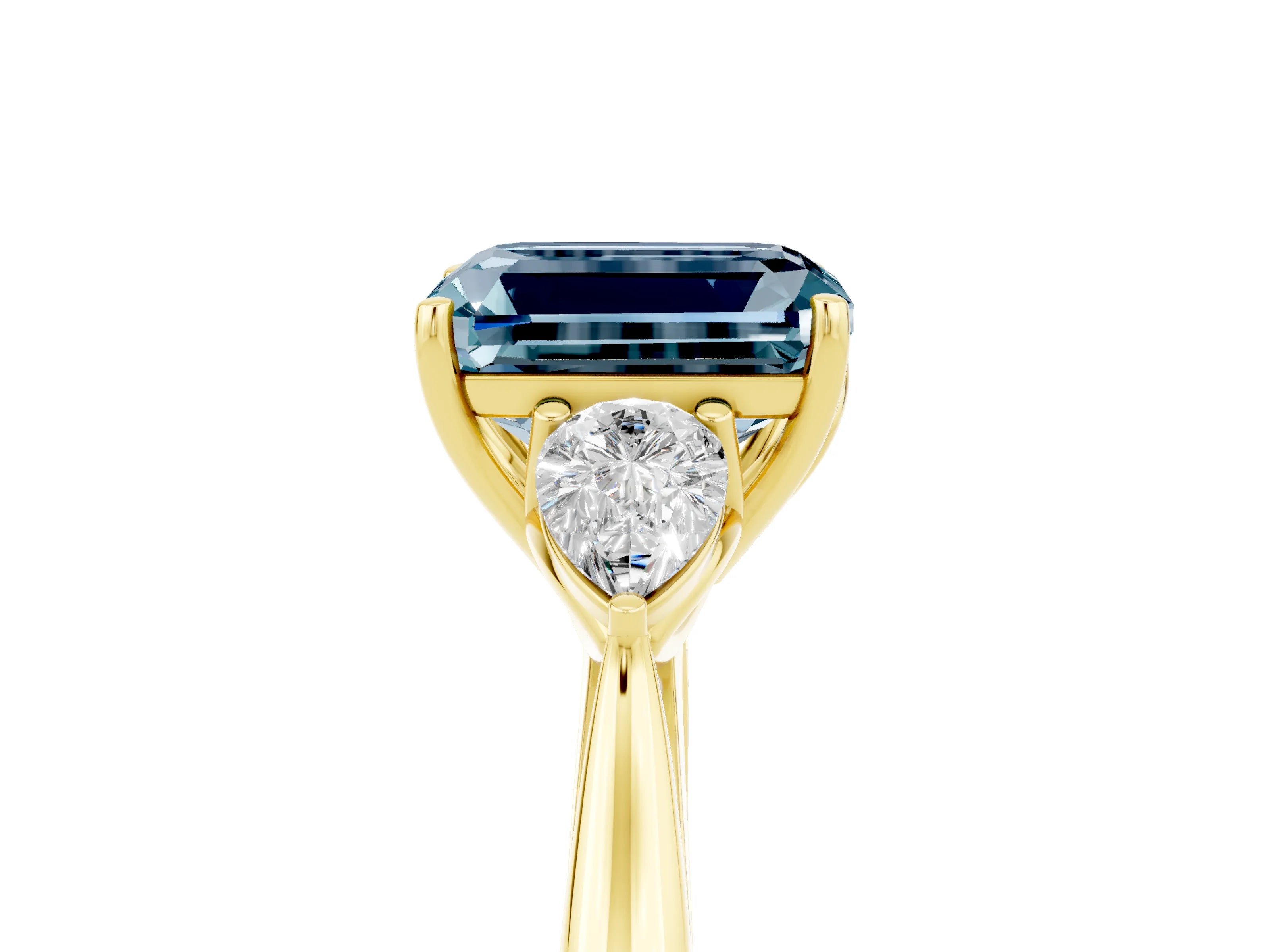 Yellow gold Emerald Cut Aquamarine Three-Stone Ring with Pear Side Stones and Four-Prong Setting_17