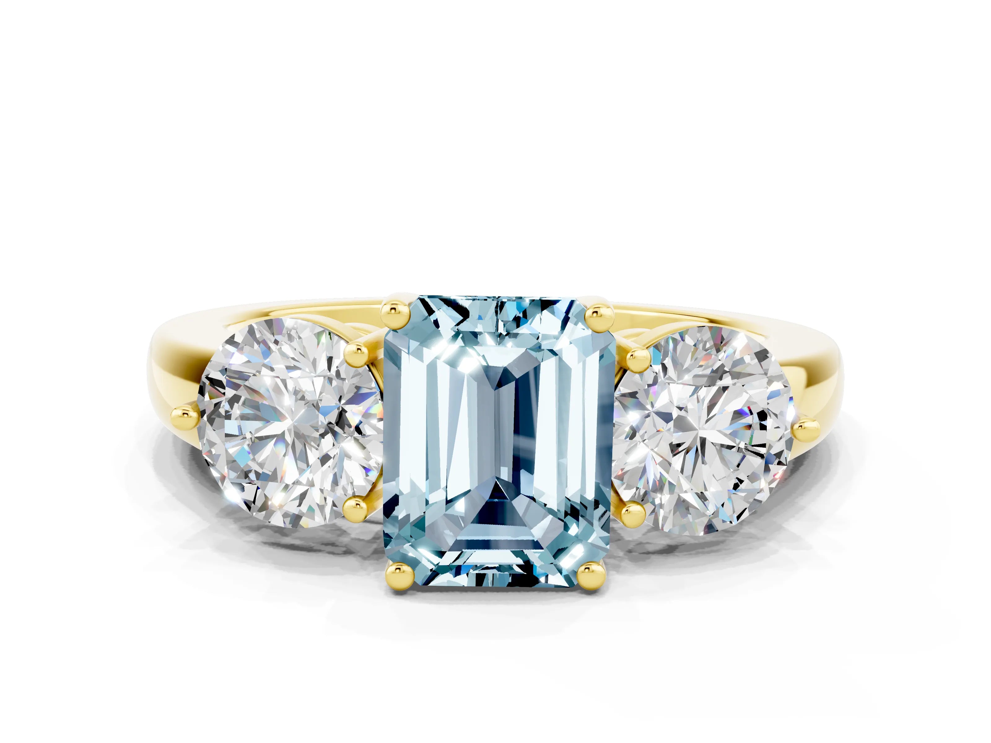 Yellow gold Emerald Cut Aquamarine Three-Stone Ring with Prong Setting and Classic Band