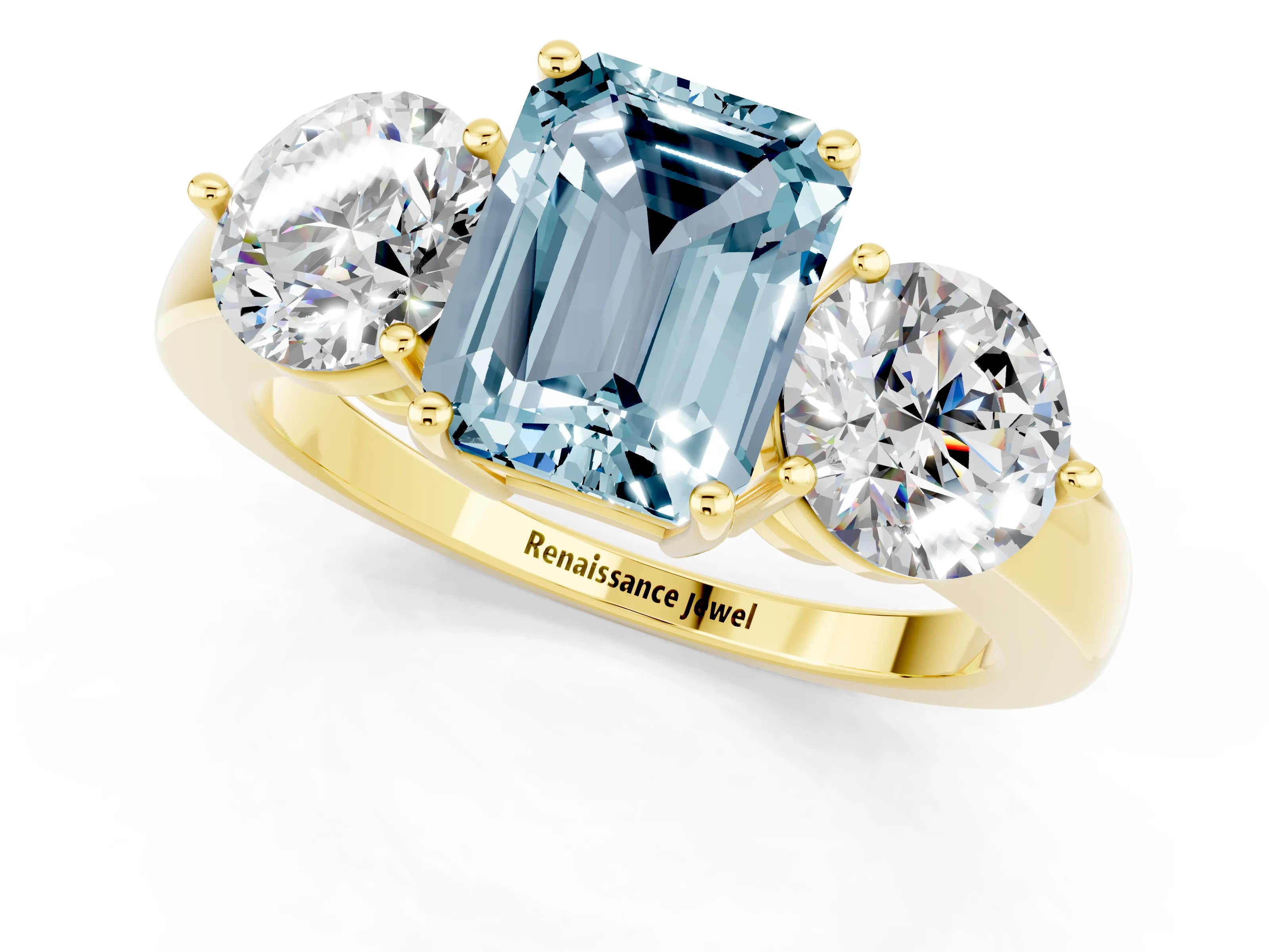 Yellow gold Emerald Cut Aquamarine Three-Stone Ring with Prong Setting and Classic Band_1