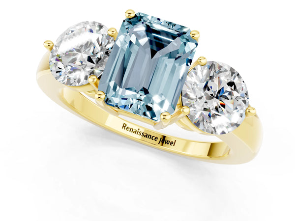 Yellow gold Emerald Cut Aquamarine Three-Stone Ring with Prong Setting and Classic Band