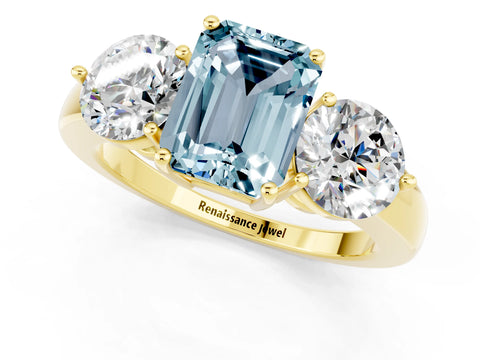 Yellow gold Emerald Cut Aquamarine Three-Stone Ring with Prong Setting and Classic Band_1
