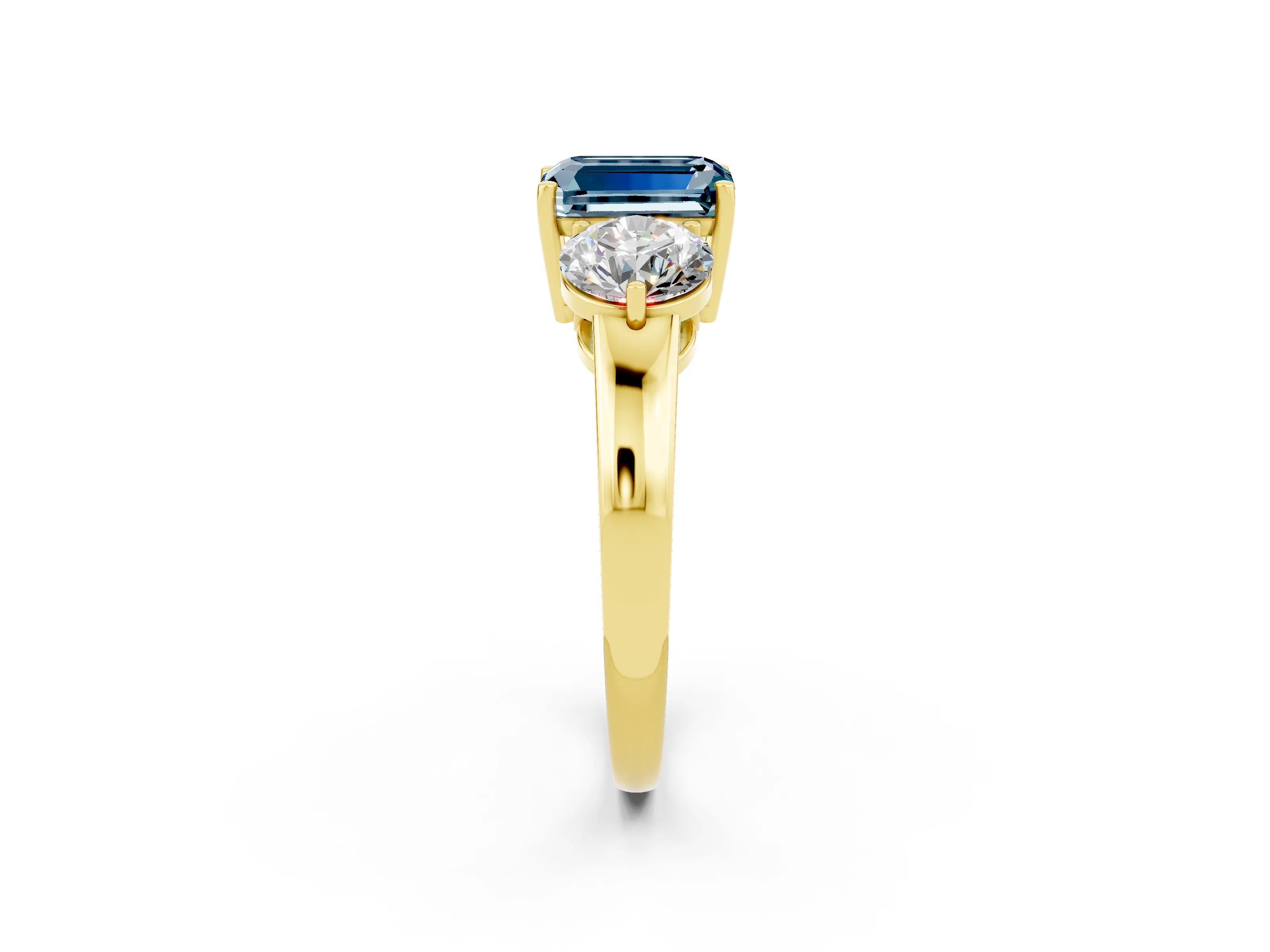 Yellow gold Emerald Cut Aquamarine Three-Stone Ring with Prong Setting and Classic Band_2