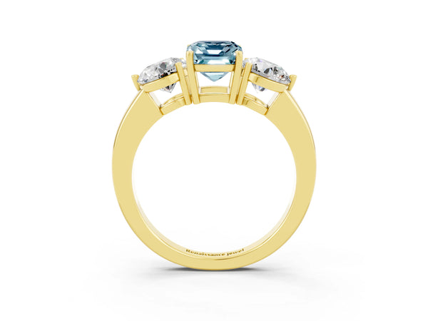 Yellow gold Emerald Cut Aquamarine Three-Stone Ring with Prong Setting and Classic Band