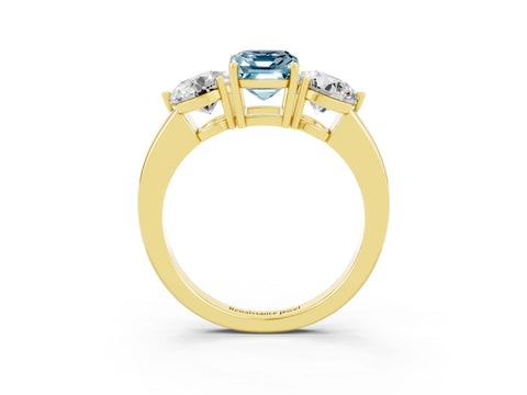 Yellow gold Emerald Cut Aquamarine Three-Stone Ring with Prong Setting and Classic Band_3