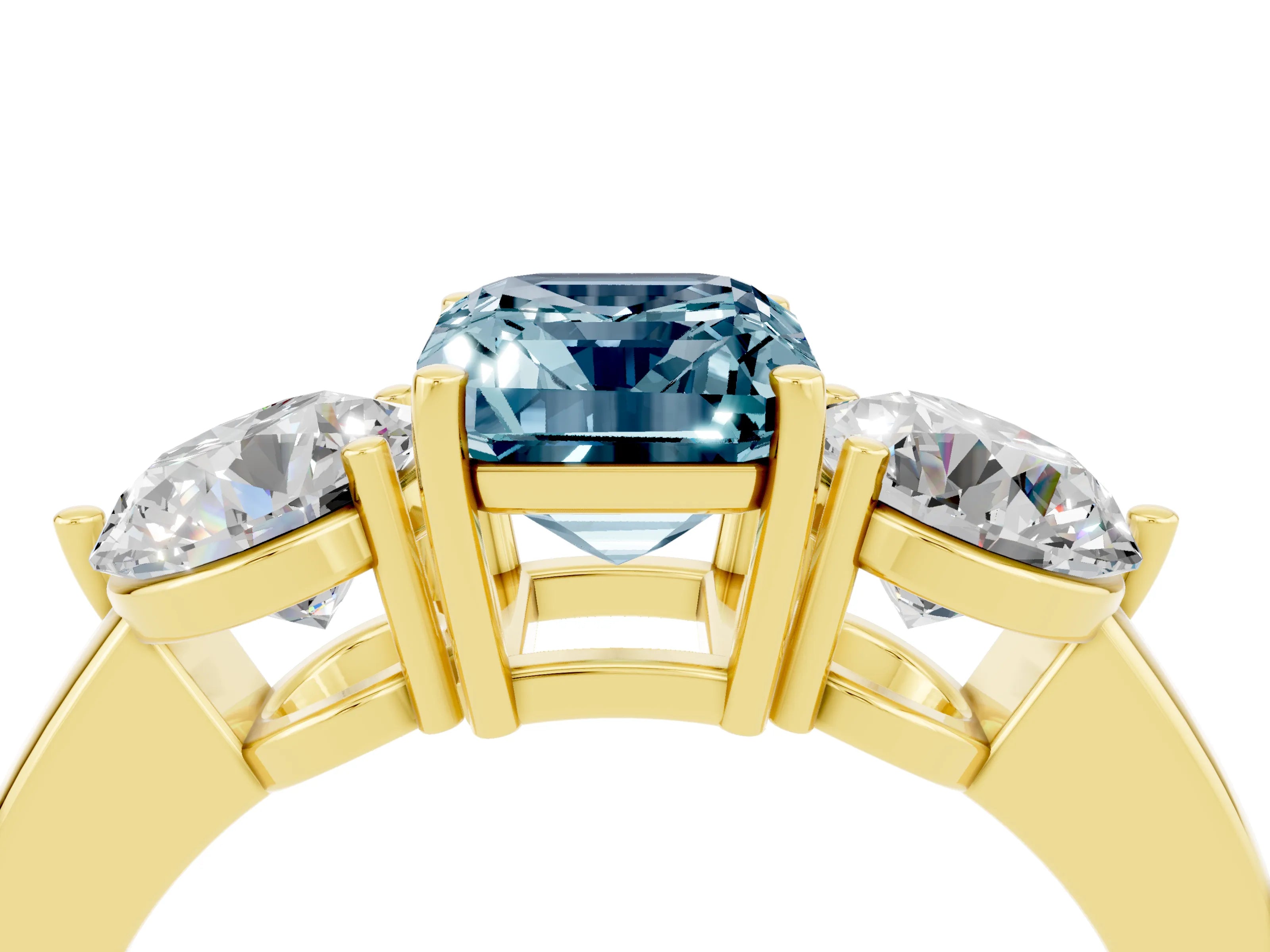 Yellow gold Emerald Cut Aquamarine Three-Stone Ring with Prong Setting and Classic Band_4