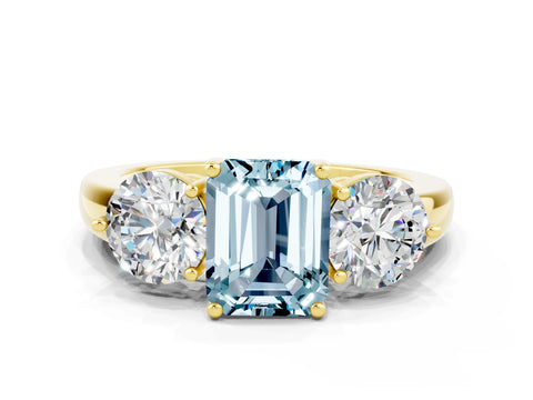 Yellow gold Emerald Cut Aquamarine Three-Stone Ring with Prong Setting and Classic Band