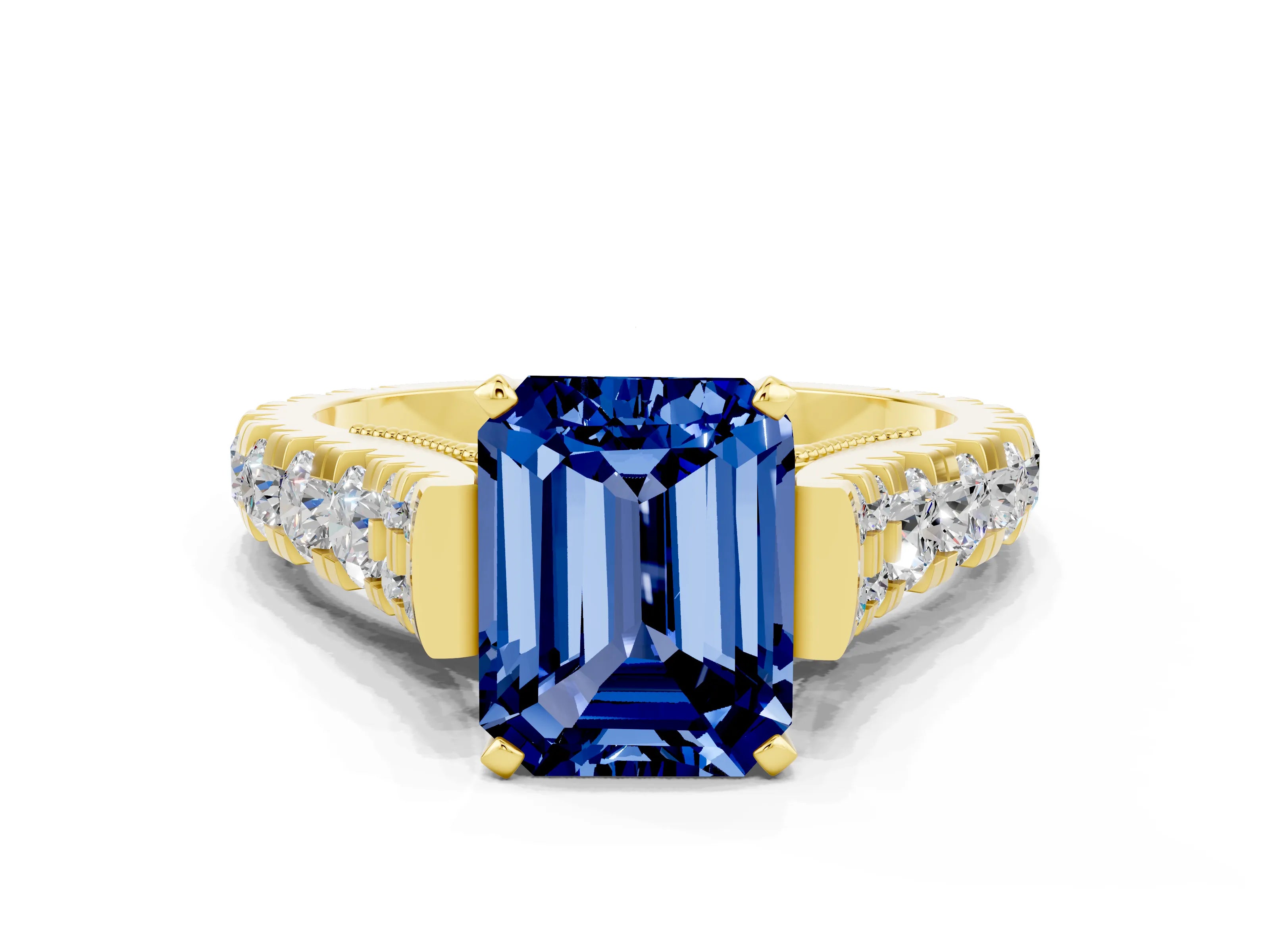 Yellow gold Emerald Cut Blue Sapphire Classic Solitaire Ring with Pavé Band and Four-Prong Setting