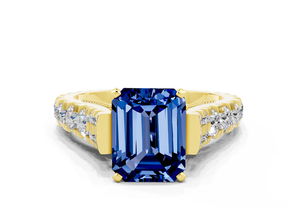 Yellow gold Emerald Cut Blue Sapphire Classic Solitaire Ring with Pavé Band and Four-Prong Setting