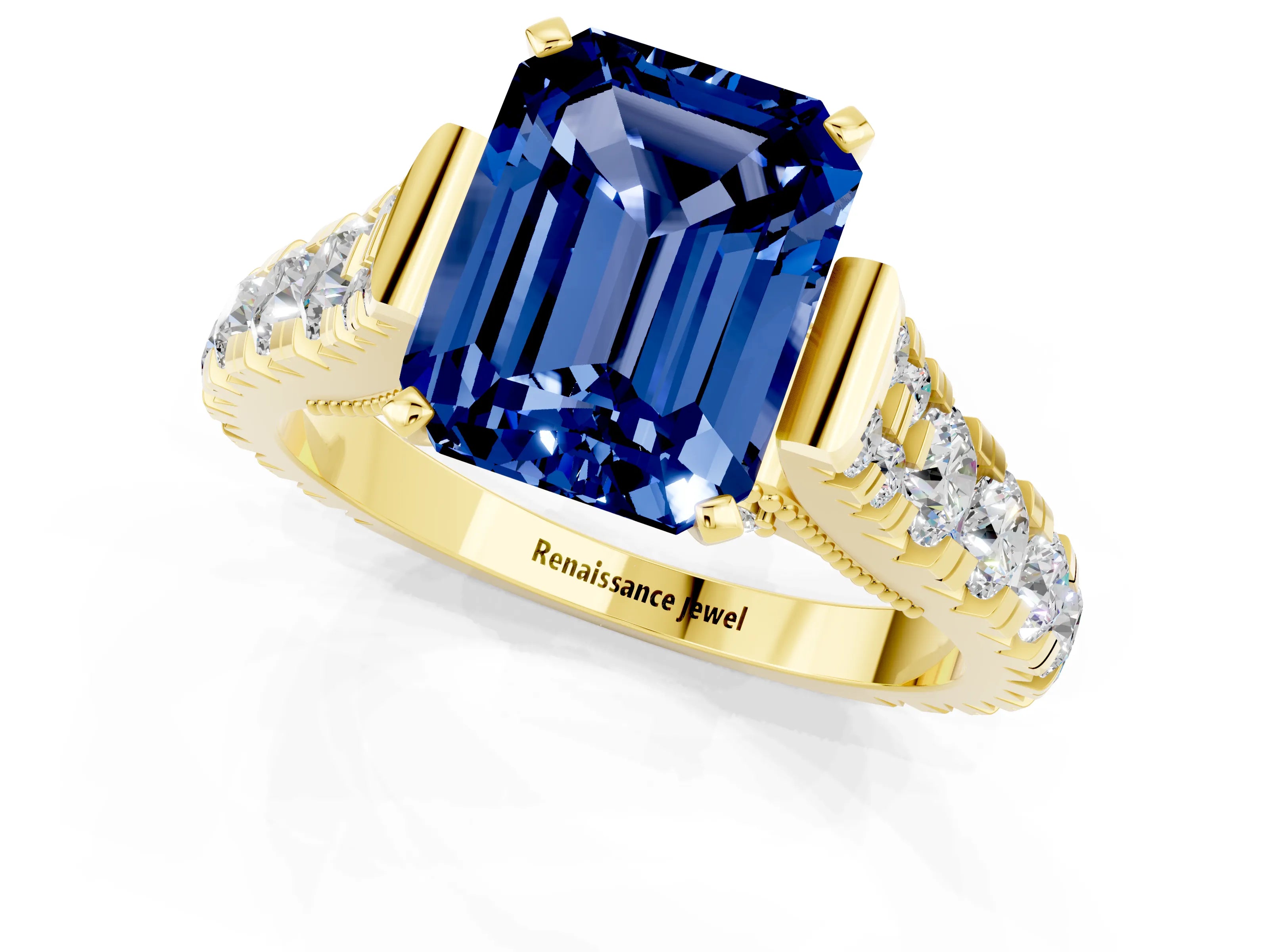 Yellow gold Emerald Cut Blue Sapphire Classic Solitaire Ring with Pavé Band and Four-Prong Setting_1