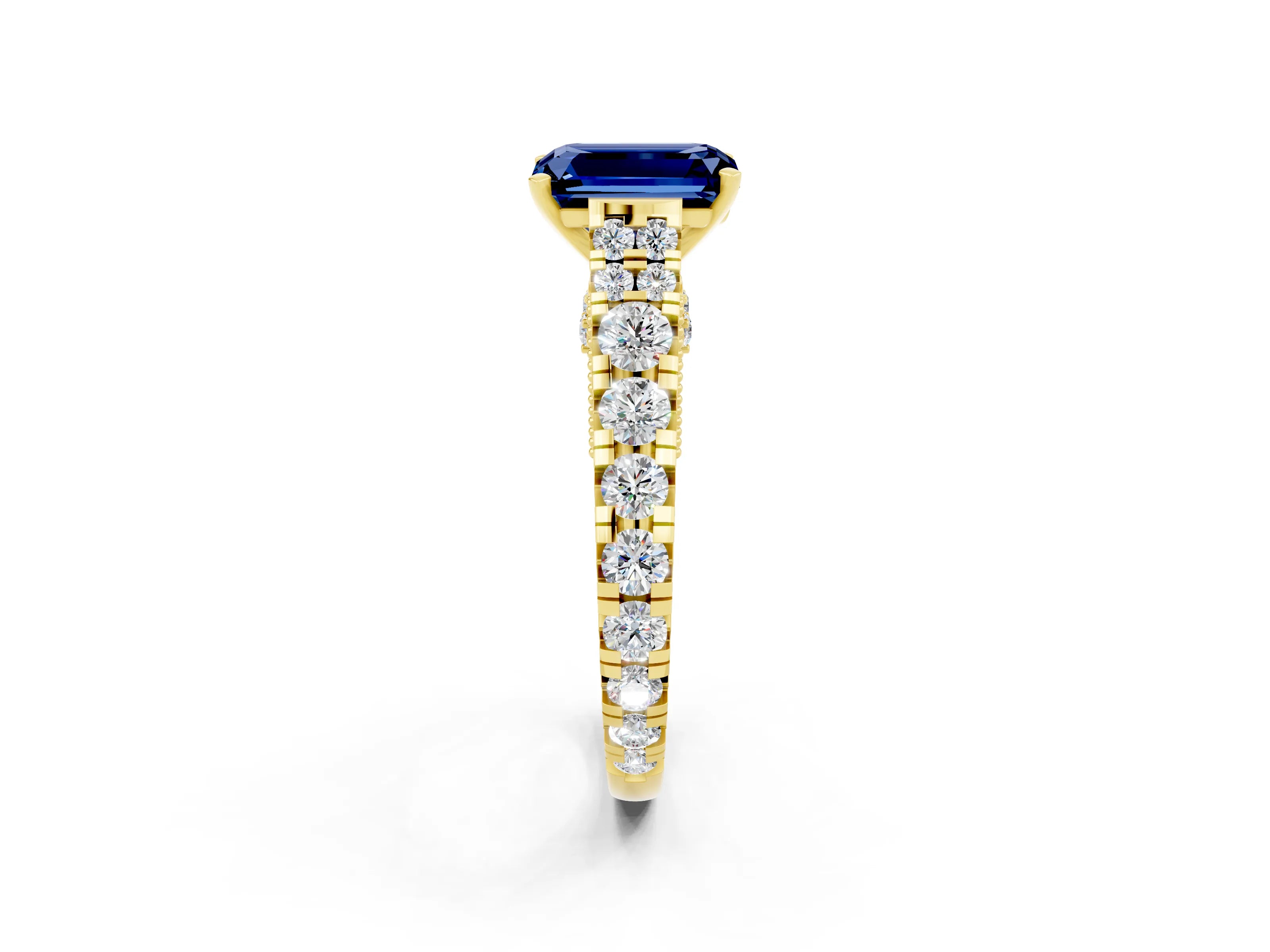 Yellow gold Emerald Cut Blue Sapphire Classic Solitaire Ring with Pavé Band and Four-Prong Setting_2