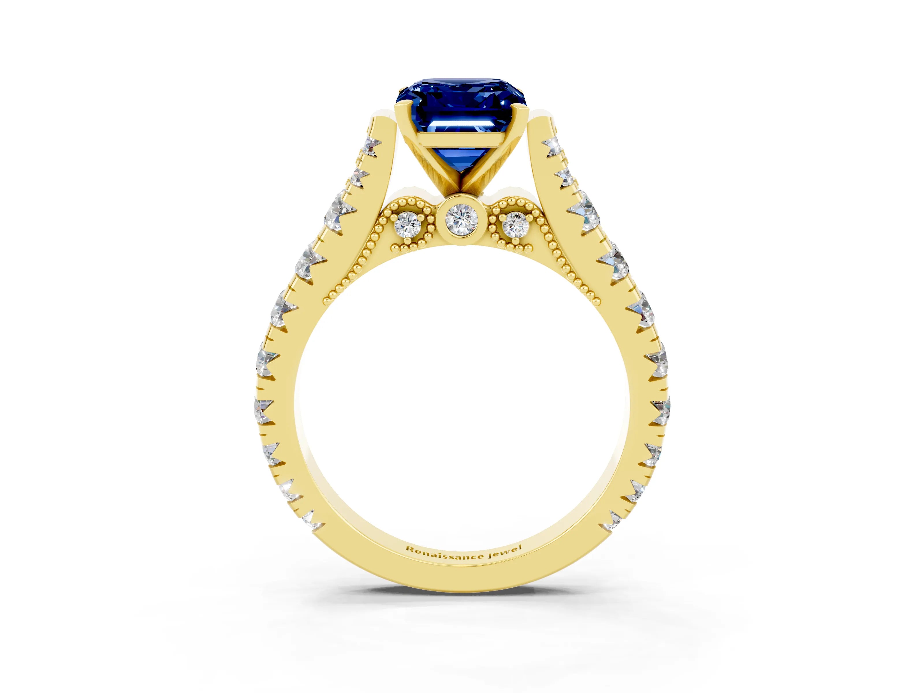 Yellow gold Emerald Cut Blue Sapphire Classic Solitaire Ring with Pavé Band and Four-Prong Setting_3