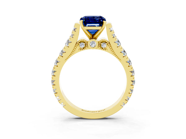 Yellow gold Emerald Cut Blue Sapphire Classic Solitaire Ring with Pavé Band and Four-Prong Setting