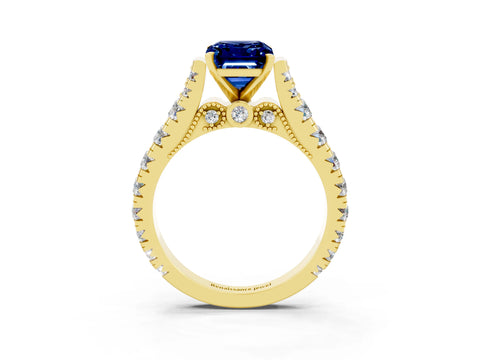Yellow gold Emerald Cut Blue Sapphire Classic Solitaire Ring with Pavé Band and Four-Prong Setting_3