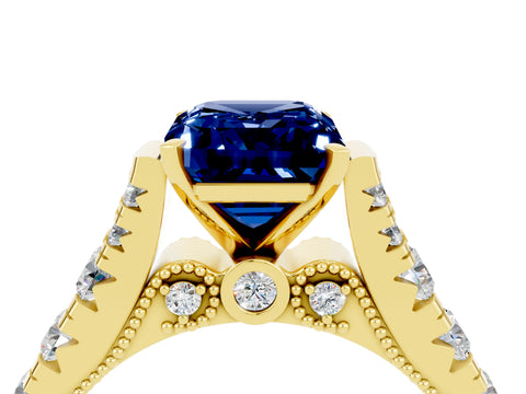 Yellow gold Emerald Cut Blue Sapphire Classic Solitaire Ring with Pavé Band and Four-Prong Setting_4