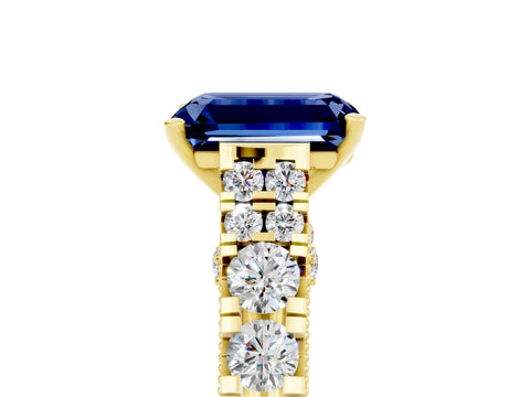 Yellow gold Emerald Cut Blue Sapphire Classic Solitaire Ring with Pavé Band and Four-Prong Setting_5