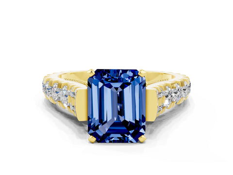 Yellow gold Emerald Cut Blue Sapphire Classic Solitaire Ring with Pavé Band and Four-Prong Setting