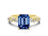Yellow gold Emerald Cut Blue Sapphire Cluster Side Stone Solitaire Ring with Prong Setting_24