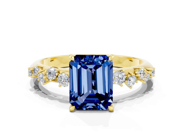 Yellow gold Emerald Cut Blue Sapphire Cluster Side Stone Solitaire Ring with Prong Setting
