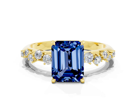 Yellow gold Emerald Cut Blue Sapphire Cluster Side Stone Solitaire Ring with Prong Setting_24