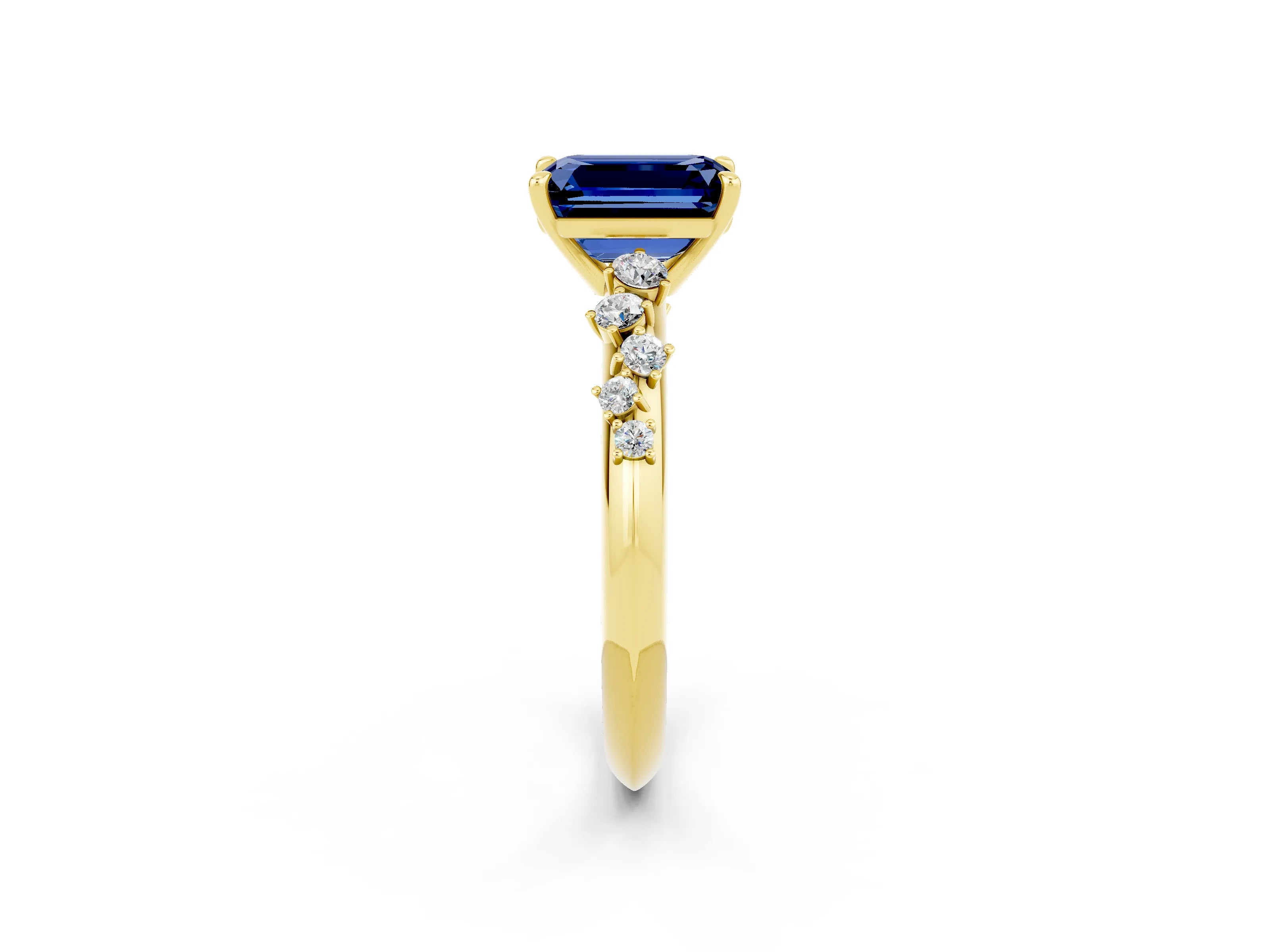 Yellow gold Emerald Cut Blue Sapphire Cluster Side Stone Solitaire Ring with Prong Setting_26