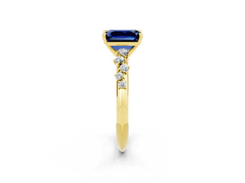 Yellow gold Emerald Cut Blue Sapphire Cluster Side Stone Solitaire Ring with Prong Setting_26