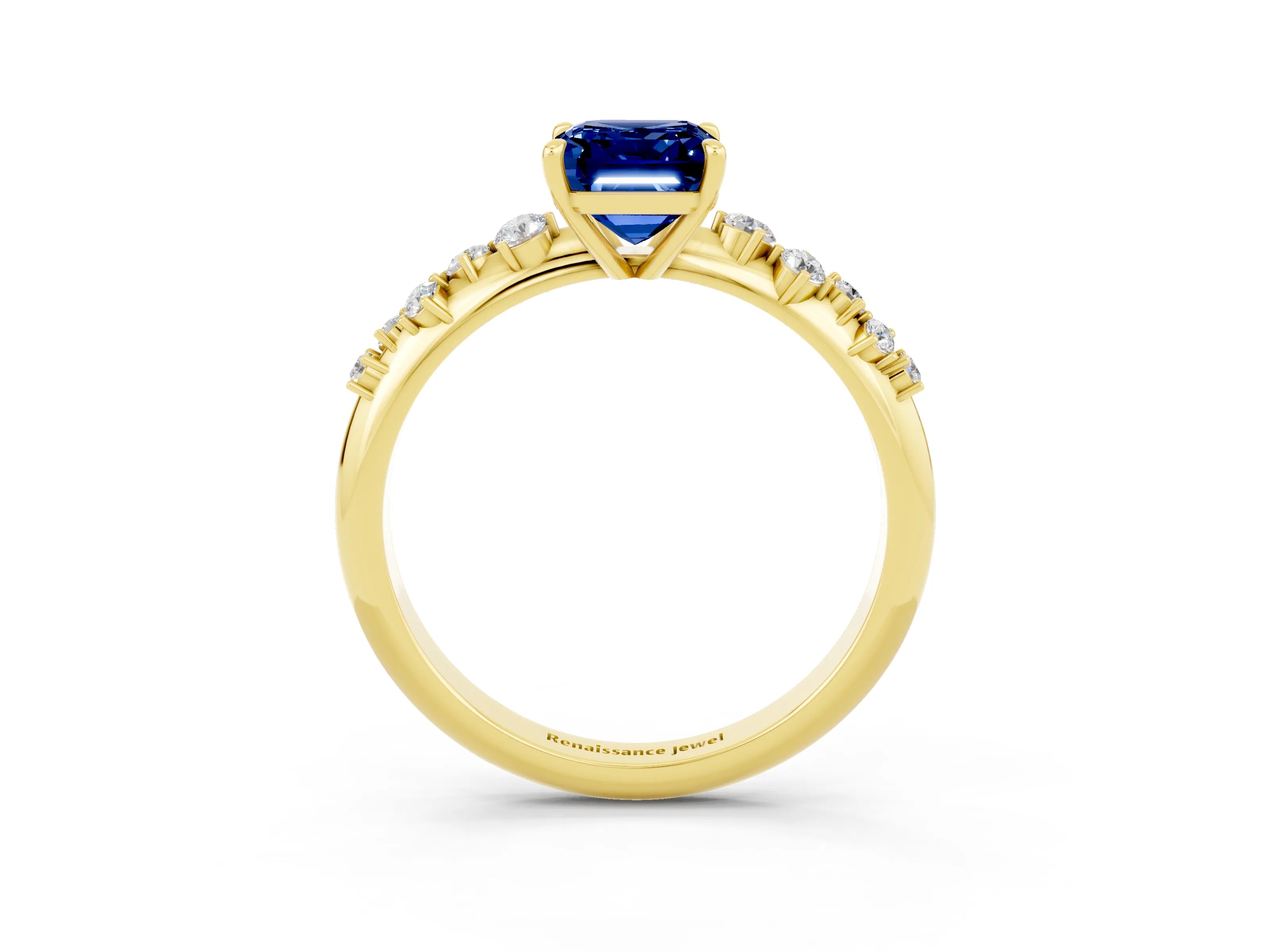 Yellow gold Emerald Cut Blue Sapphire Cluster Side Stone Solitaire Ring with Prong Setting_27