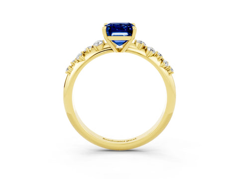 Yellow gold Emerald Cut Blue Sapphire Cluster Side Stone Solitaire Ring with Prong Setting_27