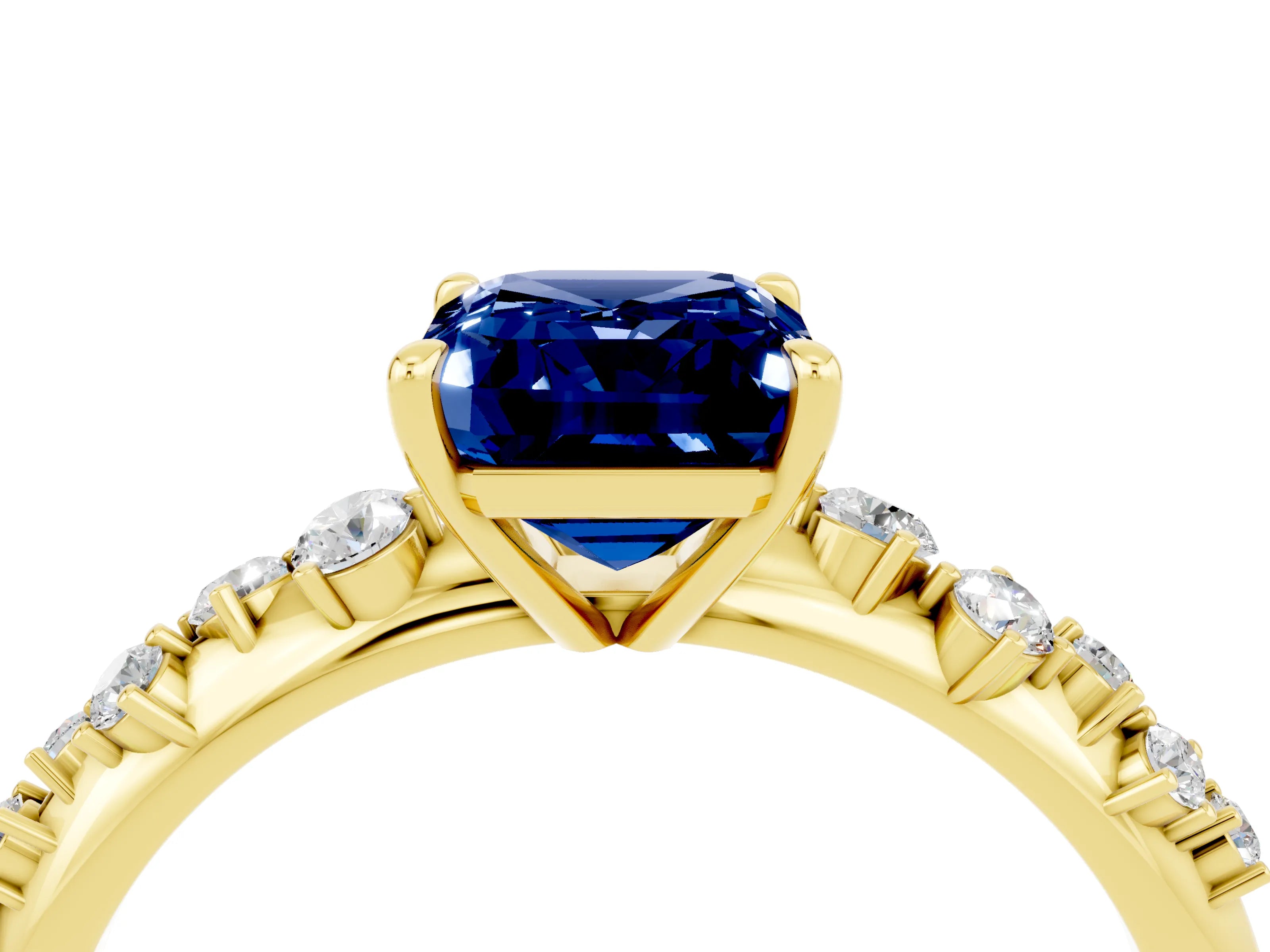 Yellow gold Emerald Cut Blue Sapphire Cluster Side Stone Solitaire Ring with Prong Setting_28
