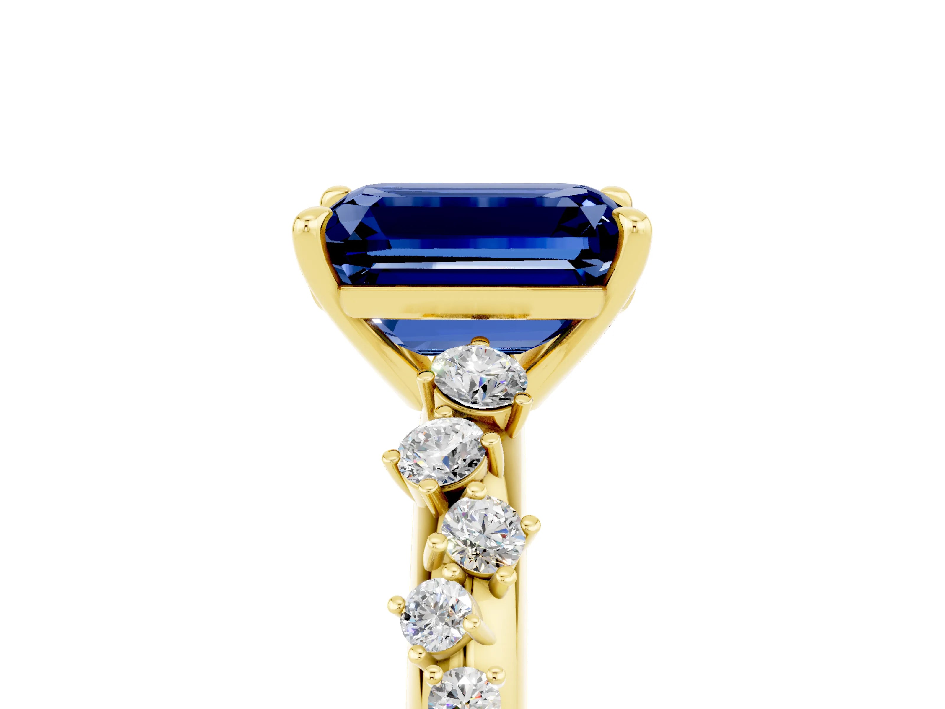 Yellow gold Emerald Cut Blue Sapphire Cluster Side Stone Solitaire Ring with Prong Setting_29