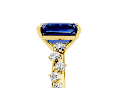 Yellow gold Emerald Cut Blue Sapphire Cluster Side Stone Solitaire Ring with Prong Setting_29