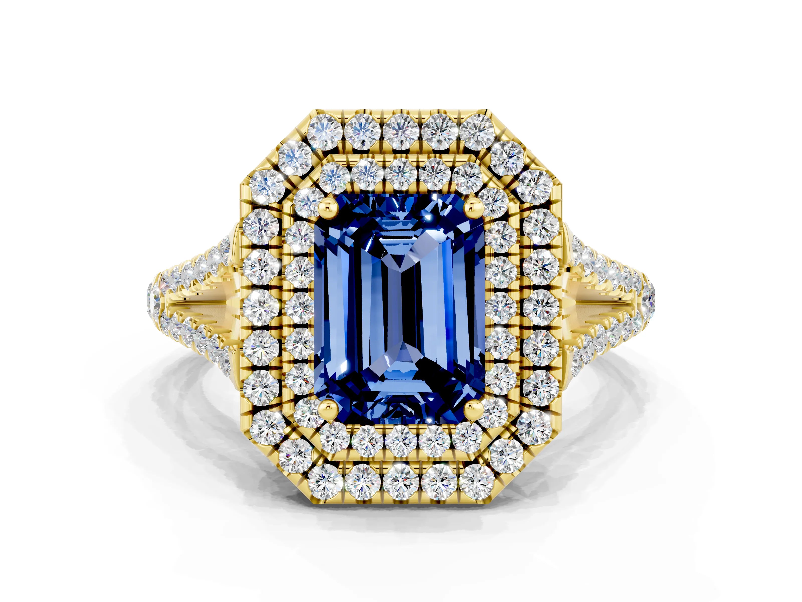 Yellow gold Emerald Cut Blue Sapphire Double Halo Ring with Pavé Band and Prong Setting_12