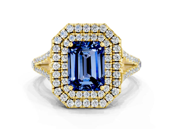 Yellow gold Emerald Cut Blue Sapphire Double Halo Ring with Pavé Band and Prong Setting