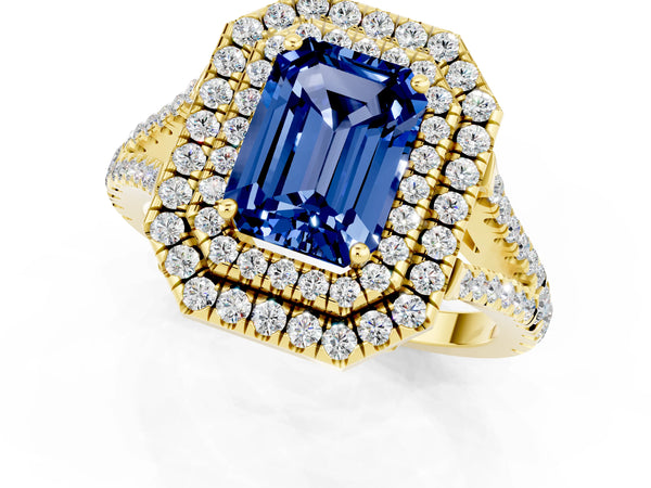 Yellow gold Emerald Cut Blue Sapphire Double Halo Ring with Pavé Band and Prong Setting
