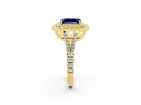 Yellow gold Emerald Cut Blue Sapphire Double Halo Ring with Pavé Band and Prong Setting_14
