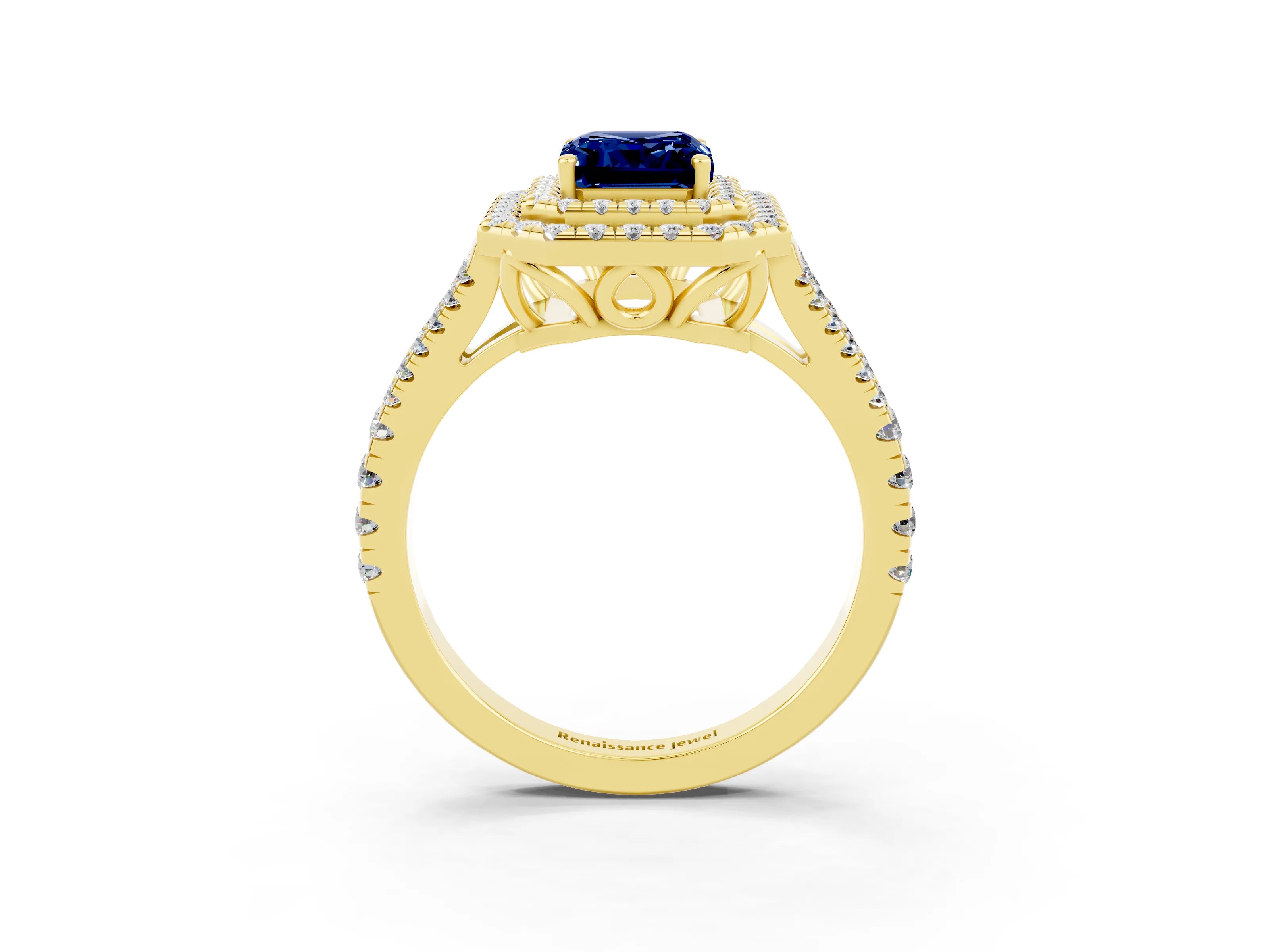 Yellow gold Emerald Cut Blue Sapphire Double Halo Ring with Pavé Band and Prong Setting_15