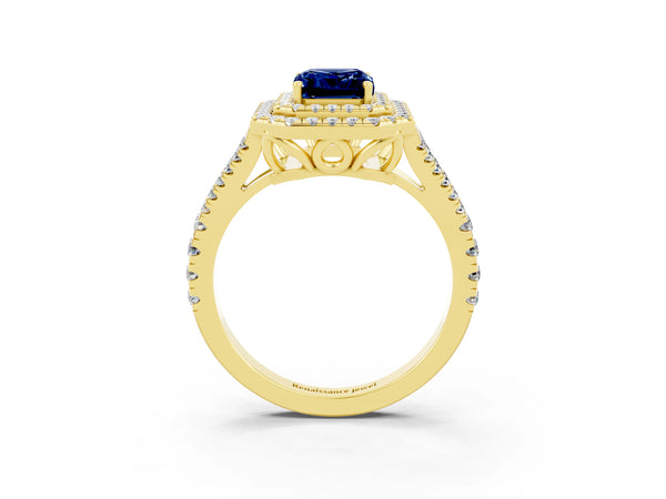 Yellow gold Emerald Cut Blue Sapphire Double Halo Ring with Pavé Band and Prong Setting