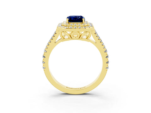 Yellow gold Emerald Cut Blue Sapphire Double Halo Ring with Pavé Band and Prong Setting_15
