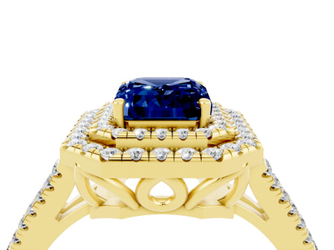 Yellow gold Emerald Cut Blue Sapphire Double Halo Ring with Pavé Band and Prong Setting_16