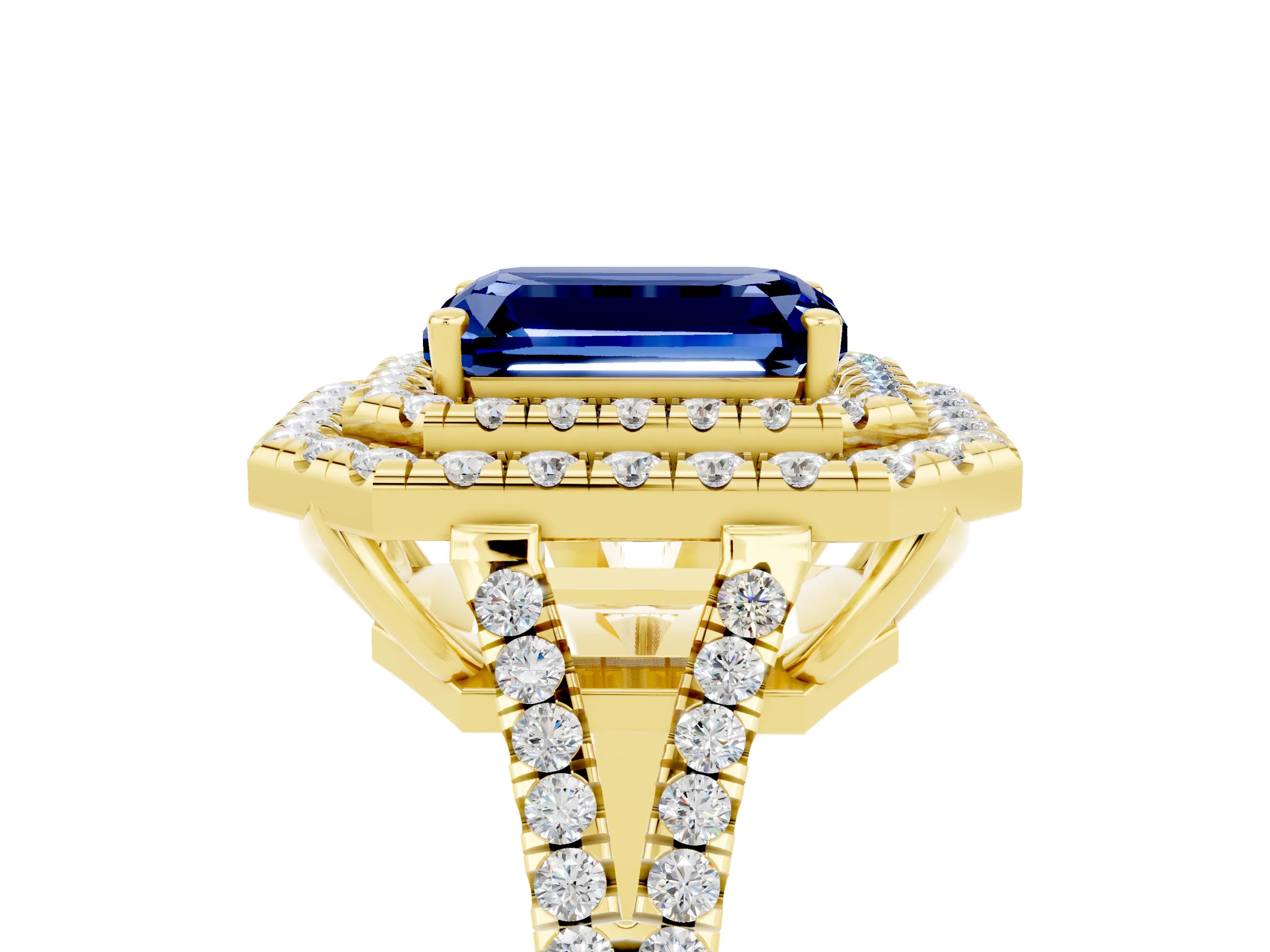 Yellow gold Emerald Cut Blue Sapphire Double Halo Ring with Pavé Band and Prong Setting_17