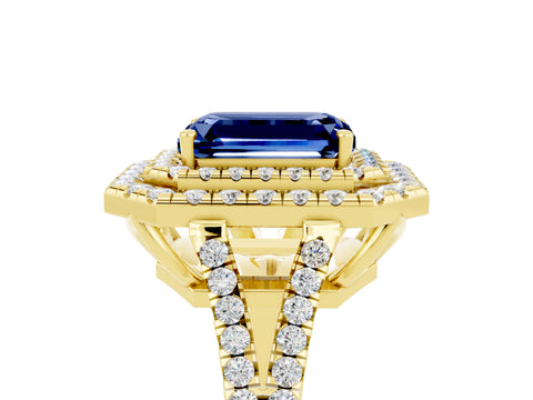 Yellow gold Emerald Cut Blue Sapphire Double Halo Ring with Pavé Band and Prong Setting_17