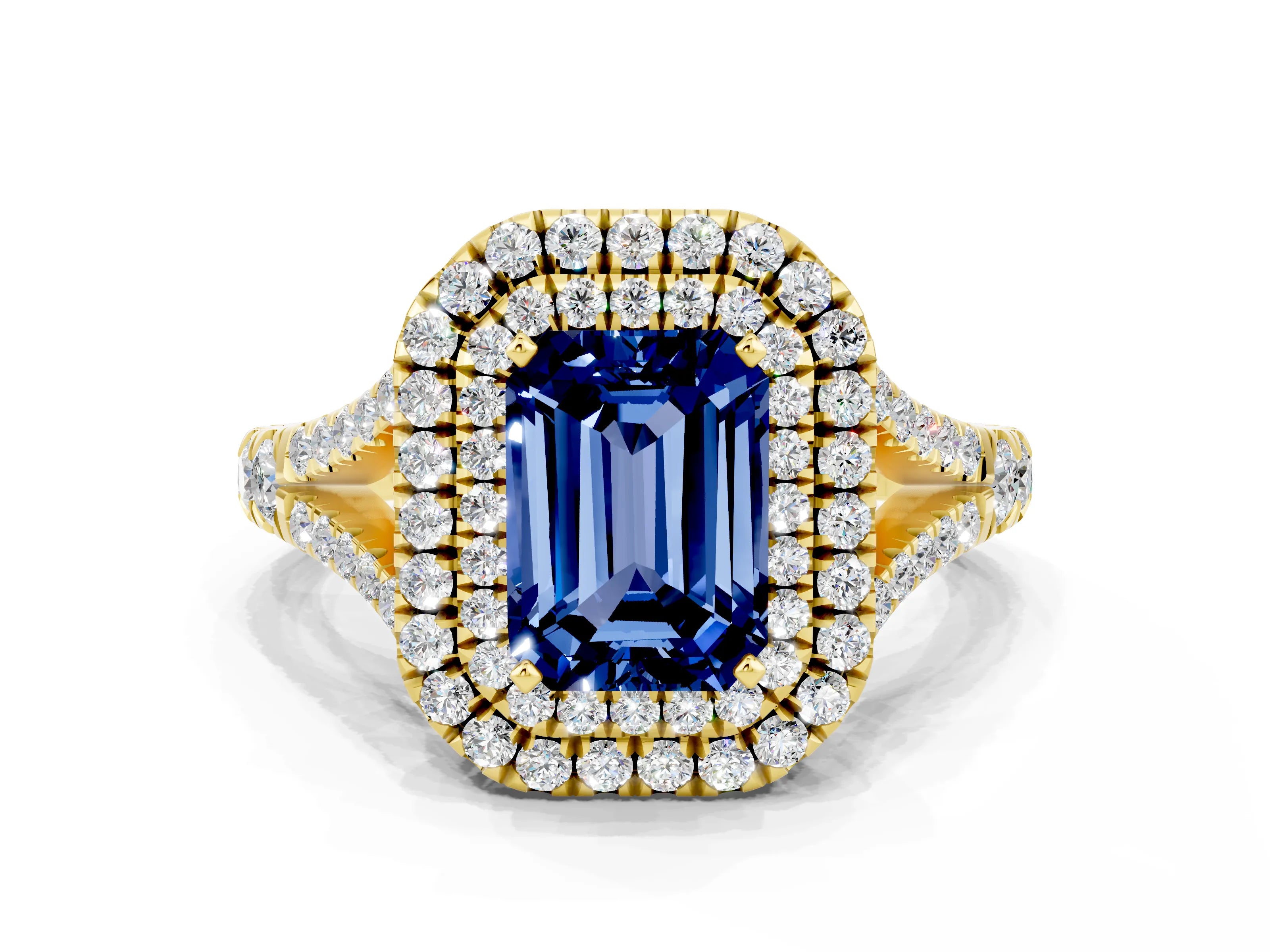 Yellow gold Emerald Cut Blue Sapphire Double Halo Ring with Split Shank and Prong Setting_12