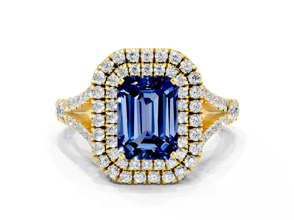 Yellow gold Emerald Cut Blue Sapphire Double Halo Ring with Split Shank and Prong Setting