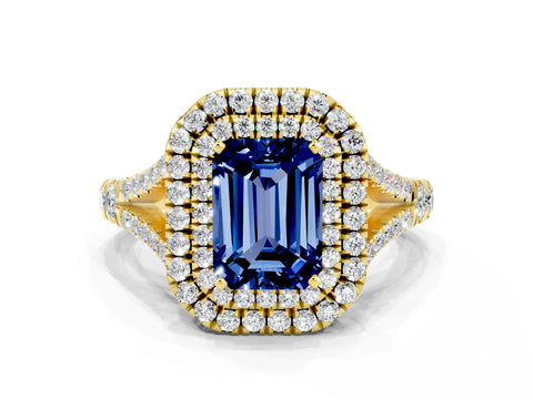 Yellow gold Emerald Cut Blue Sapphire Double Halo Ring with Split Shank and Prong Setting_12